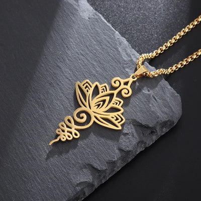 Delicate Lotus Symbol Pendant Necklace Ancient Hindu Yoga Buddhist Gift Unique Geometric Stainless Steel Jewelry for Women Girls