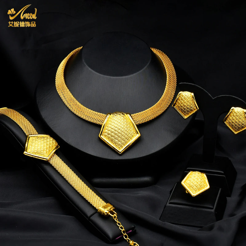 ANIID African Gold Color Jewelry Set For Women Indian Choker Necklace Earring Nigerian 24K Gold Plated Jewellery Dubai Wedding