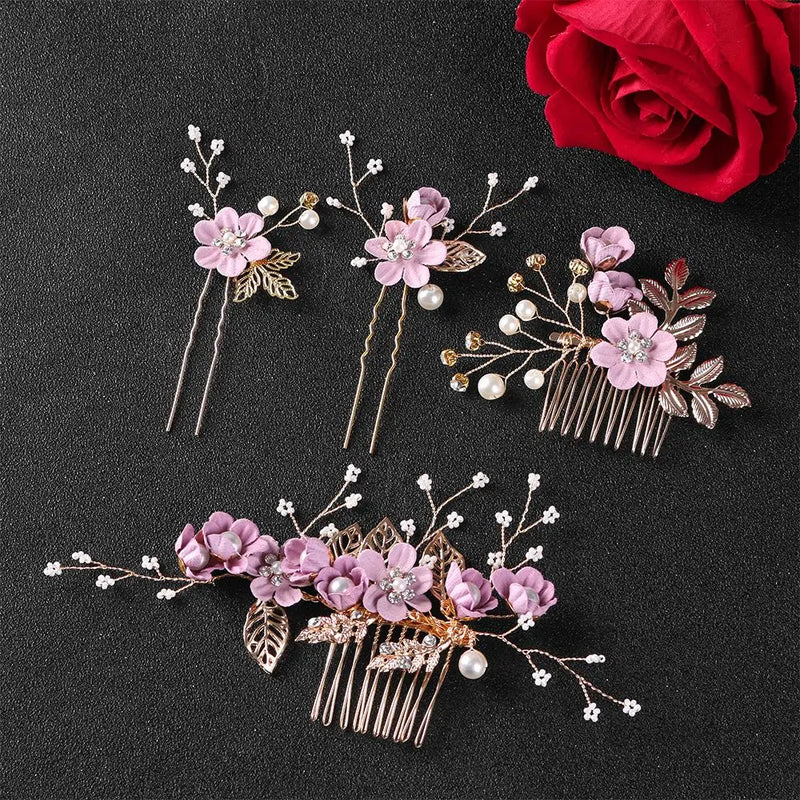 1Pcs Fashion Red Flower Hair Comb Bridesmaid Crystal Hair Clip Bridal Hairpin Wedding Hair Jewelry For Women Party Hairband Gift