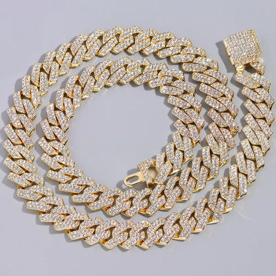 HipHop Men Women 14MM Prong Cuban Link Chain Necklace Bling Iced Out 2 Row Rhinestone Paved Miami Rhombus Cuban Necklace Jewelry