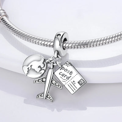 925 Sterling Silver Earth Airplane Globe Love Travel Dangle Charm Fine Beads Fit Original Charm Bracelet Necklace Jewelry Women