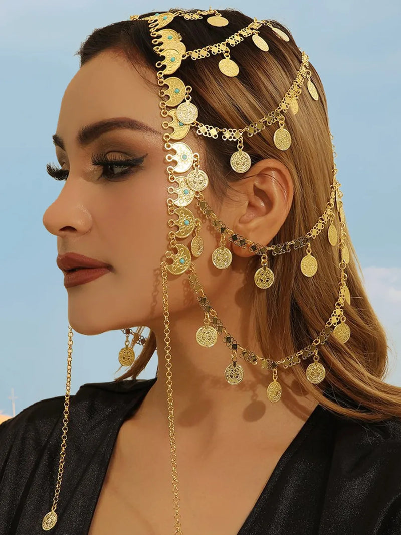 Arab Head Jewelry Golded Alloy Coin Tassel Head Chain Headband For Women Bridal Headdress Wedding Accessories