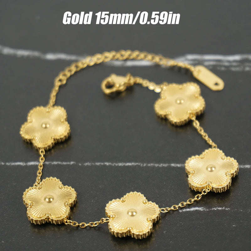 Adjustable New Design Gold Plated Stainless Steel 316L Plant Flower Bracelet With Five Leaf Petals Women&