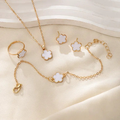 Fashionable Four-piece Set Jewelry for Woman Lucky Five-petal Flower Clover Earrings Necklace Ring Bracelet Accessories Party