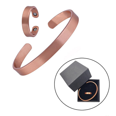 Set Pure Copper Bracelets and Rings Simplicity Cuff Magnetic Bangles for Women Men Arthritis Health Solid Copper Jewelry