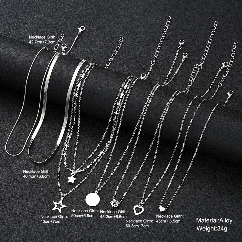 9 Pcs Simple Choker Necklaces for Women Fashion Love Heart Star Pendant Layered Necklace Jewelry Gift European and American 2024