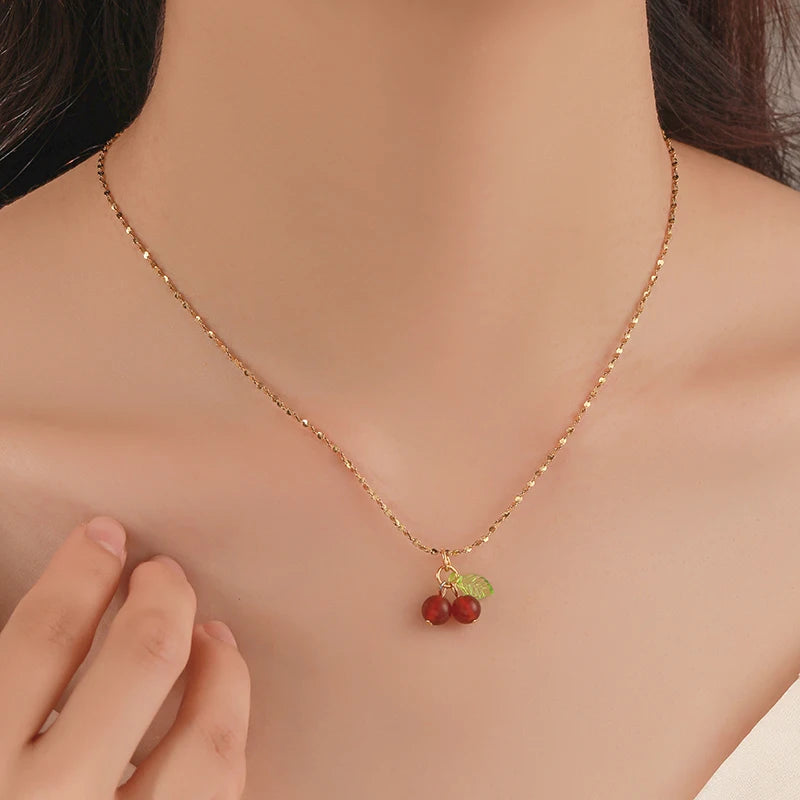 316l stainless steel Cherry Necklace Natural stone beads pendant chain necklace Women&