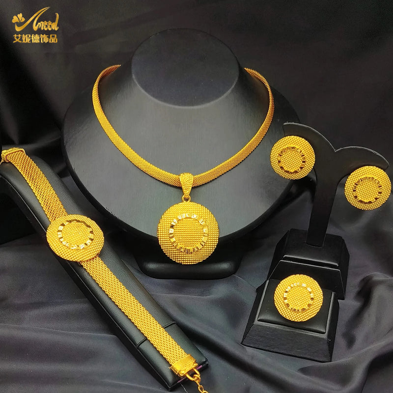 ANIID African Gold Color Jewelry Set For Women Indian Choker Necklace Earring Nigerian 24K Gold Plated Jewellery Dubai Wedding