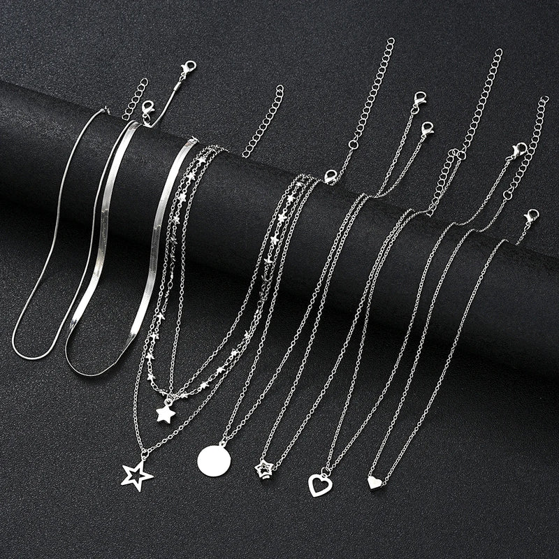 9 Pcs Simple Choker Necklaces for Women Fashion Love Heart Star Pendant Layered Necklace Jewelry Gift European and American 2024