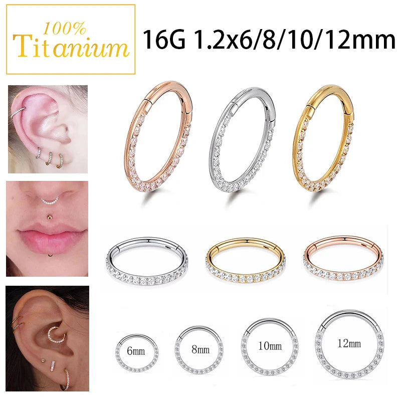 G23 Titanium Cubic Zirconia Nose Rings Cilcker Conch Helix Cartilage Piercing Earrings 6/7/8/9/10/11/12/14mm Hinged Segment Hoop