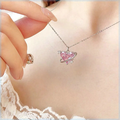 Fashion Pink Planet Heart Zircon Necklace Women Charm Aesthetic Clavicle Chain Necklace Valentines Day Gift Party Jewelry