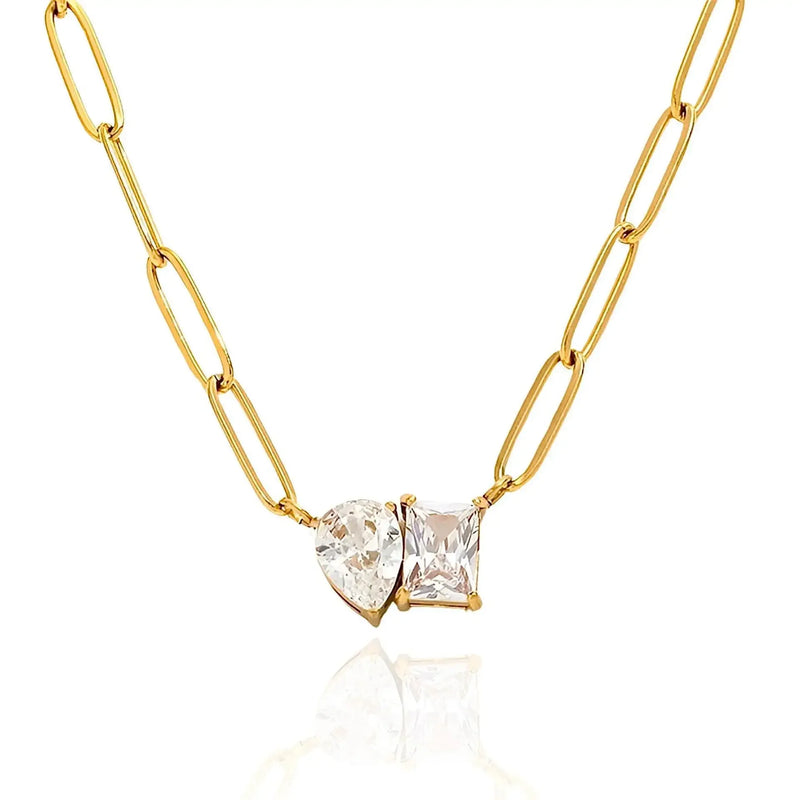 New Fashion CZ Square&Waterdrop Zircon Pendant Necklace for Women 18K Gold Plated Clip Chain Necklace Wedding Party Jewelry