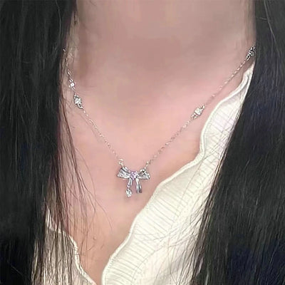 New Y2K Girls Pink Zircon Bow Knot Pendant Necklace Sweet Heart Design Simple Necklace Women Fashion Clavicle Chain Jewelry Gift