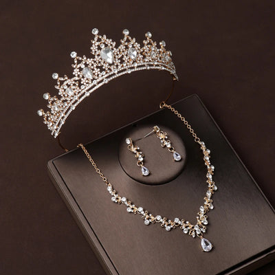 Luxury Silver Color Crystal Water Drop Bridal Jewelry Sets Rhinestone Tiaras Crown Necklace Earrings Wedding Dubai Jewelry Set