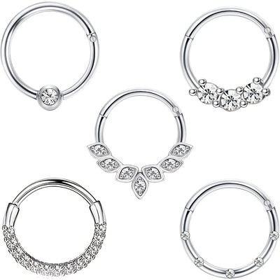 1-5pcs 16G Fashion 316L Stainless Steel CZ Hinged Septum Clicker Nose Hoop Rings,Daith Helix Tragus Cartilage Piercing Jewelry