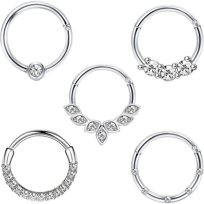 1-5pcs 16G Fashion 316L Stainless Steel CZ Hinged Septum Clicker Nose Hoop Rings,Daith Helix Tragus Cartilage Piercing Jewelry