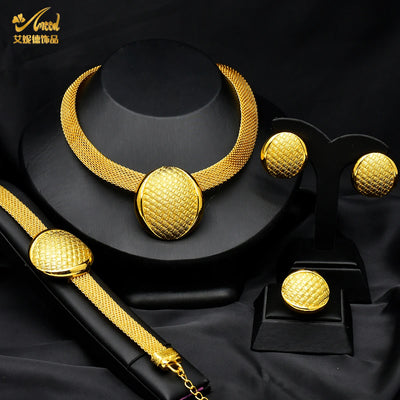 ANIID African Gold Color Jewelry Set For Women Indian Choker Necklace Earring Nigerian 24K Gold Plated Jewellery Dubai Wedding