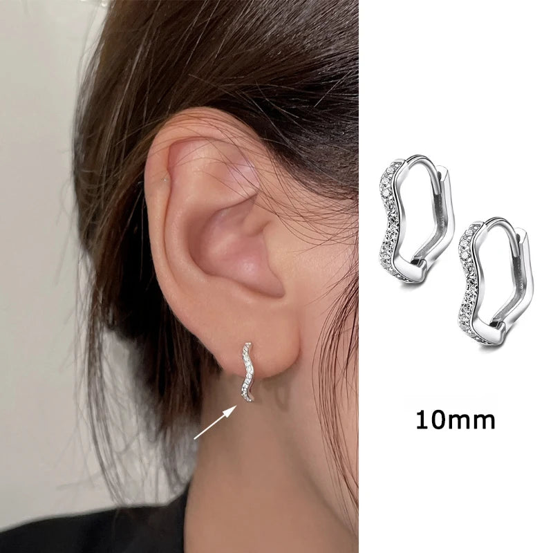 2PCS Stainless Steel Minimal Wave Hoop Earrings Crystal Zirconia Small Huggie Ear Rings for Women Piercing Jewelry