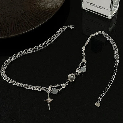 Kpop Fashion Shiny Star Necklace for Women Y2K Crystal Zircon Cross Pendant Necklaces Girls Antique Silver Color Clavicle Chain