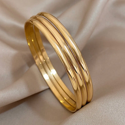 3pcs Glossy 18K Gold Plated Stainless Steel Bangle Bracelet for Women Minimalist Basic Wristband Bangles Waterproof Jewelry