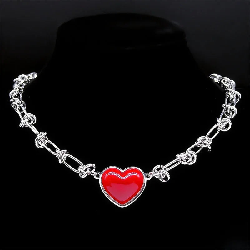 HNSP Stainless Steel Red Heart Choker Necklace Pendant Chain For Women Jewelry Versatile Girl Accessories