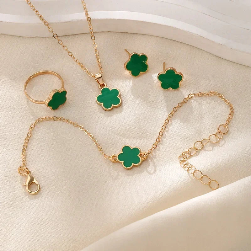 Fashionable Four-piece Set Jewelry for Woman Lucky Five-petal Flower Clover Earrings Necklace Ring Bracelet Accessories Party