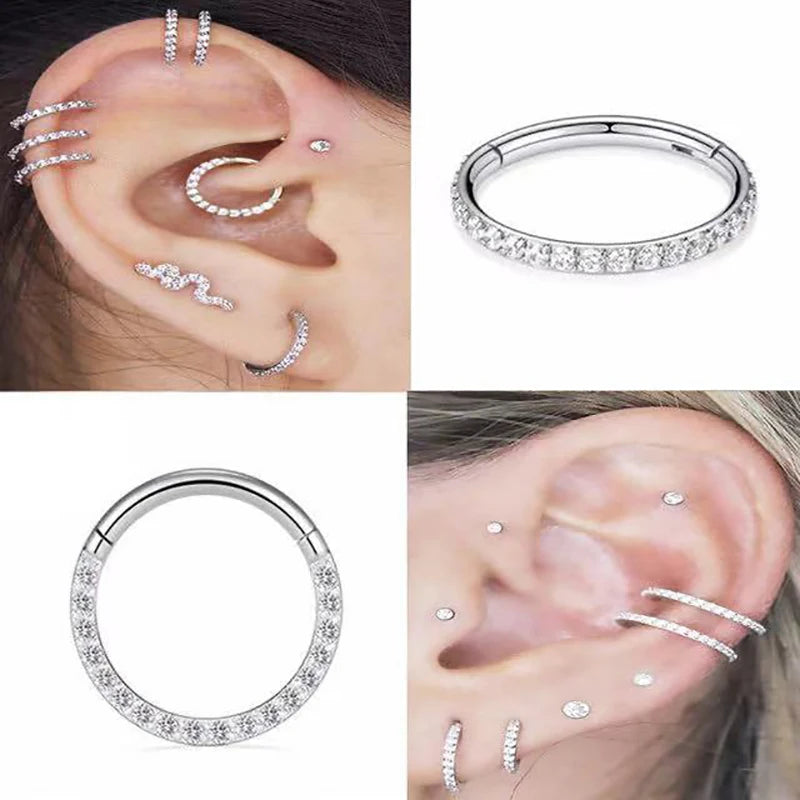 G23 Titanium Cubic Zirconia Nose Rings Cilcker Conch Helix Cartilage Piercing Earrings 6/7/8/9/10/11/12/14mm Hinged Segment Hoop