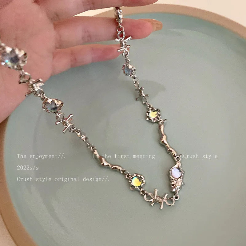 Kpop Fashion Shiny Star Necklace for Women Y2K Crystal Zircon Cross Pendant Necklaces Girls Antique Silver Color Clavicle Chain