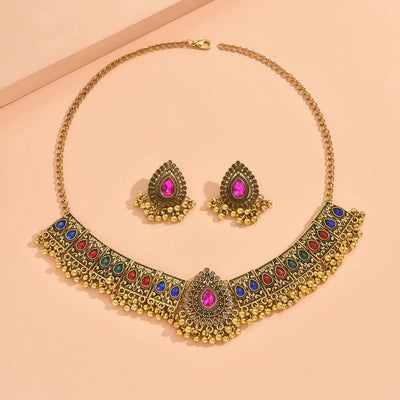 New Fashion Indian Bollywood Traditional Crystal Wedding Temple Choker Necklace Earrings Jewelry Set