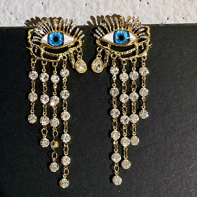 Blue Devil's Eye,  Tassel Long Earrings, European Vintage Ear Studs With Diamonds, Medieval Court Style Ear Pendants