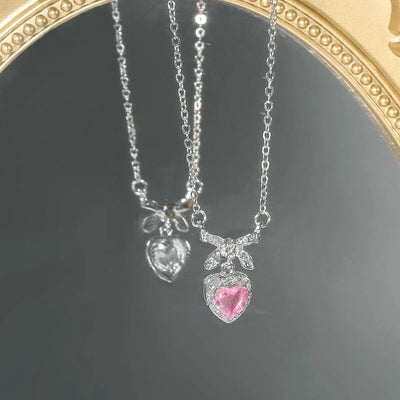 New Y2K Girls Pink Zircon Bow Knot Pendant Necklace Sweet Heart Design Simple Necklace Women Fashion Clavicle Chain Jewelry Gift