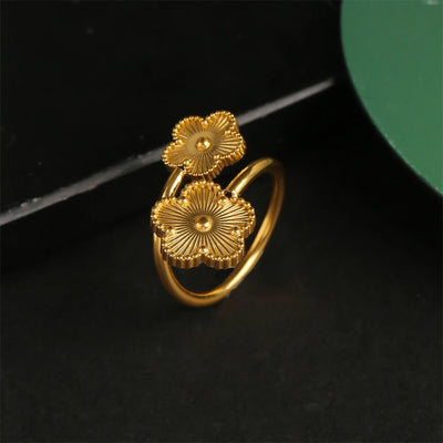 Hot Sale Botanical Laser Five Leaves Flower Open Ring Highquality Gold Silver Rose Gold Black Double Flower Ring Clover Ladies