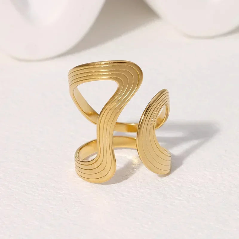 Stainless Steel Irregular Wave Rings for Women Men Creative Gold Color Adjustable Opening Ring Female Statement Jewelry Gifts