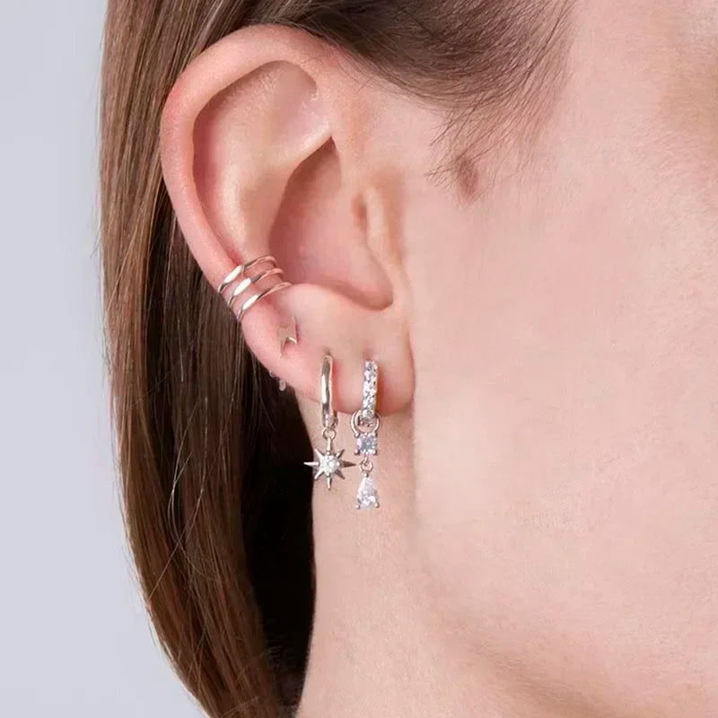 925 Sterling Silver Ear Needle Fashion Hoop Earrings White Crystal Luxury Women&