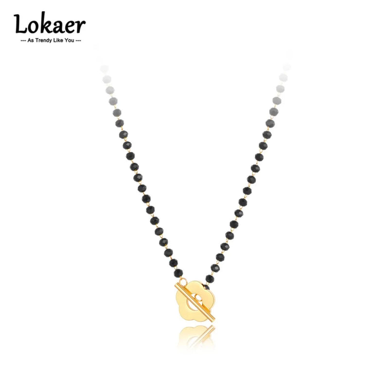 Lokaer Fashion Black CZ Crystal Charm Necklaces For Women Stainless Steel White Pearl Link Chain Bohemia Beach Necklace N22083