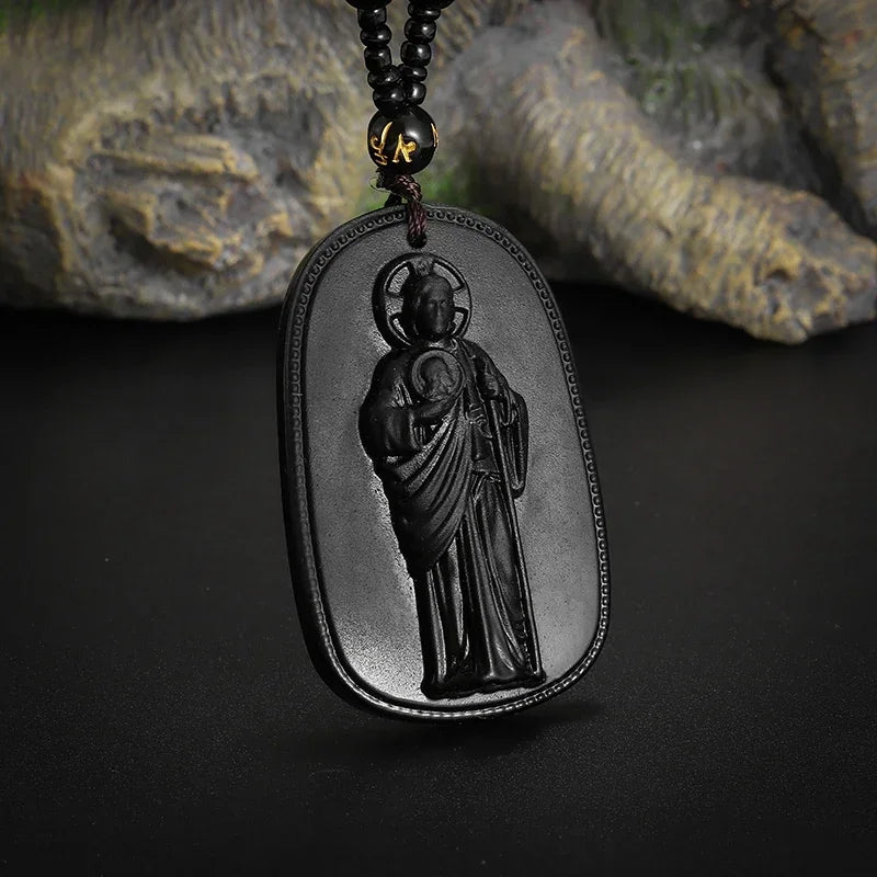 Retro Natural Obsidian Maitreya Buddha Pendant Beaded Necklace for Men and Women Buddhist Buddha Statue Amulet Jewelry