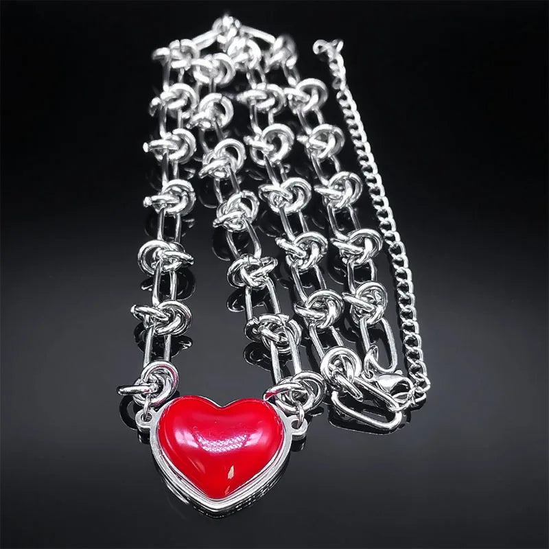 HNSP Stainless Steel Red Heart Choker Necklace Pendant Chain For Women Jewelry Versatile Girl Accessories