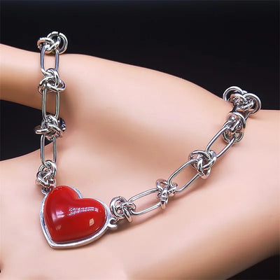 HNSP Stainless Steel Red Heart Choker Necklace Pendant Chain For Women Jewelry Versatile Girl Accessories