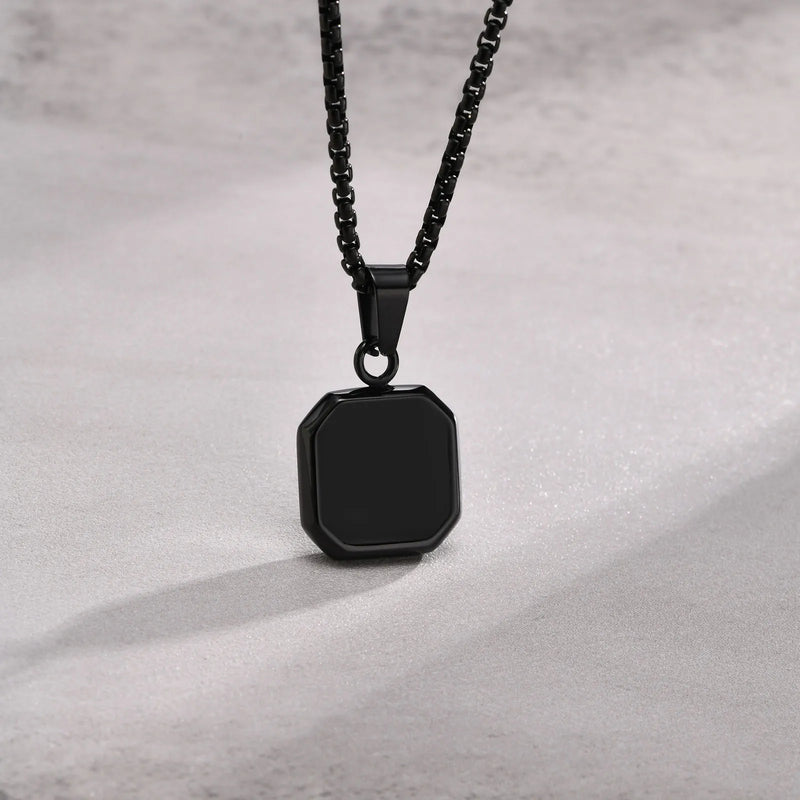 Casual Black Enamel Necklaces for Men,Waterproof Stainless Steel Square Pendant Necklace,Simple Fashion Male Collar Jewelry Gift