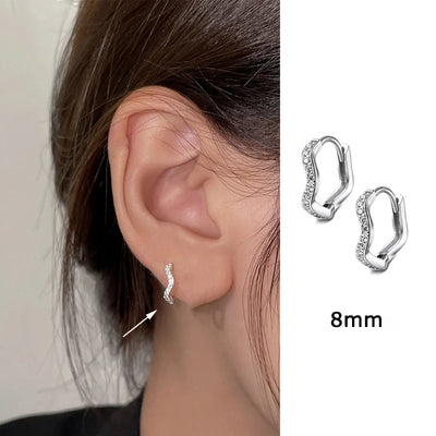 2PCS Stainless Steel Minimal Wave Hoop Earrings Crystal Zirconia Small Huggie Ear Rings for Women Piercing Jewelry