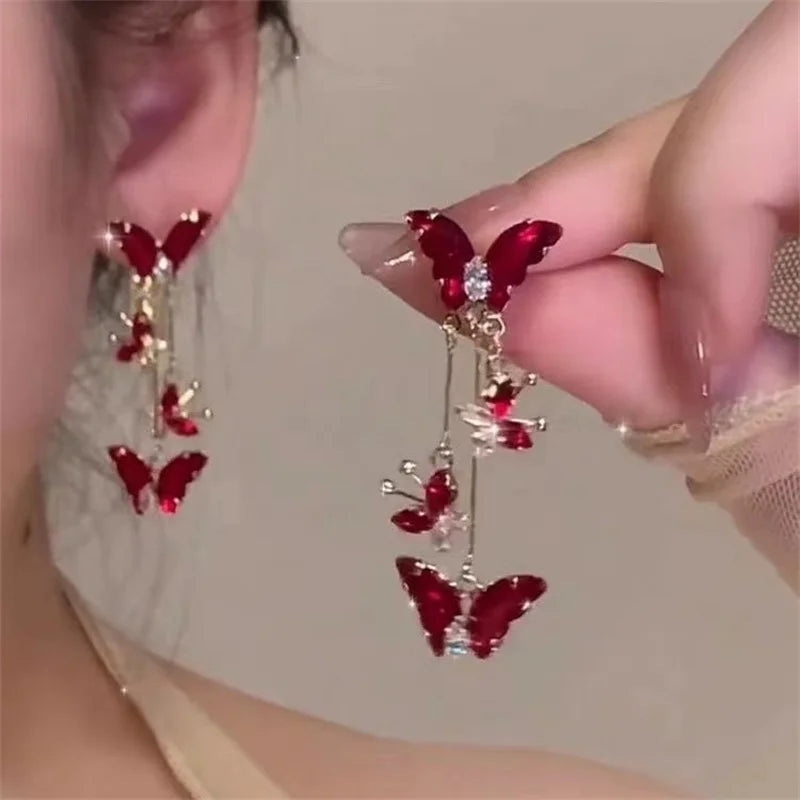 Elegant Red Zircon Butterfly Drop Earrings for Women Temperament Sweet Metal Bow Earrings Fashion Girl Jewelry Accessories