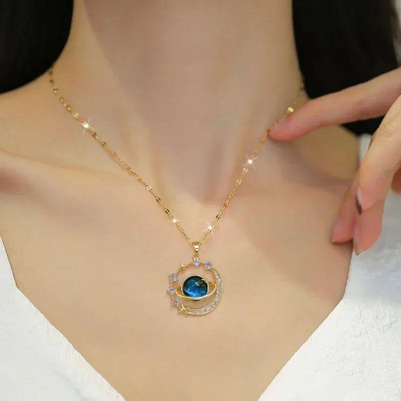 Dainty Blue Planet Necklace Stainless Steel Clavicle Chain Zircon Saturn Space Earth Pendant Necklace Aesthetics Jewelry Collar