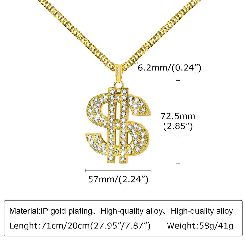 Men Gold Color Dollar Sign Necklaces with Cuban Chain,Hip Hop Money Dollar Pendant Collar, Music Festival Party Gifts Jewelry