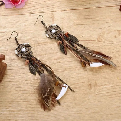 Boho Tribal Ethnic Vintage Dream Catcher Feather Leaf Long Tassel Dangling Earrings Women Vacation Jewelry