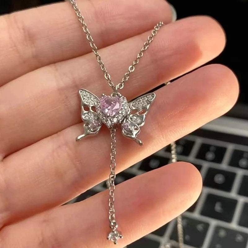 New Y2K Girls Pink Zircon Bow Knot Pendant Necklace Sweet Heart Design Simple Necklace Women Fashion Clavicle Chain Jewelry Gift