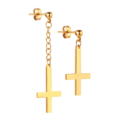 BONISKISS Men Women Stainless Steel Inverted Upside Down Cross Earring Church of Satan Temple Occult Satanic Witchy Stud Jewelry