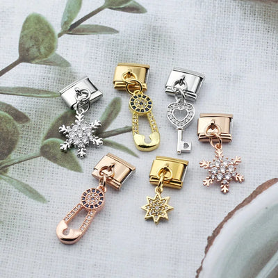 Hapiship Fashion Key Paper Clip Star Snowflake Shiny CZ Charm Links Fit 9mm Stainless Steel Bracelet DIY Making Jewelry DJ441