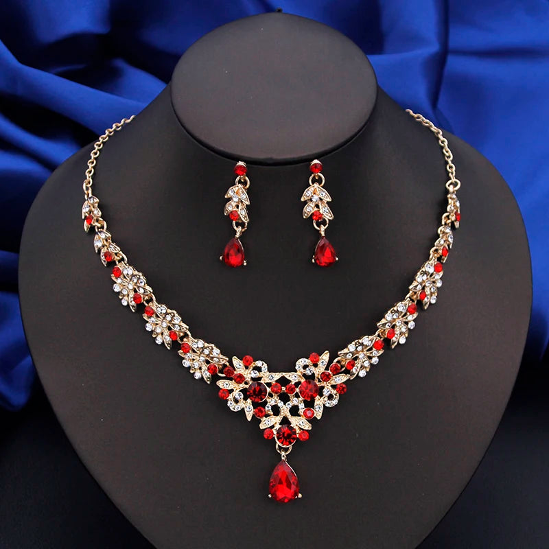 Elegant Red Bride Jewelry Sets for Women Choker Necklace Set Dangle Earrings Wedding Bridal Jewellry Set Fashion Accessories