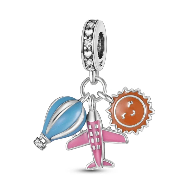 925 Sterling Silver Earth Airplane Globe Love Travel Dangle Charm Fine Beads Fit Original Charm Bracelet Necklace Jewelry Women