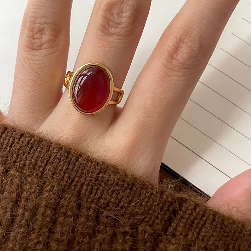 High Quality Trendy Red Agate Stone Yellow Gold Color Ladies Ring Promotion Jewelry For Women Christmas Gifts No Fade